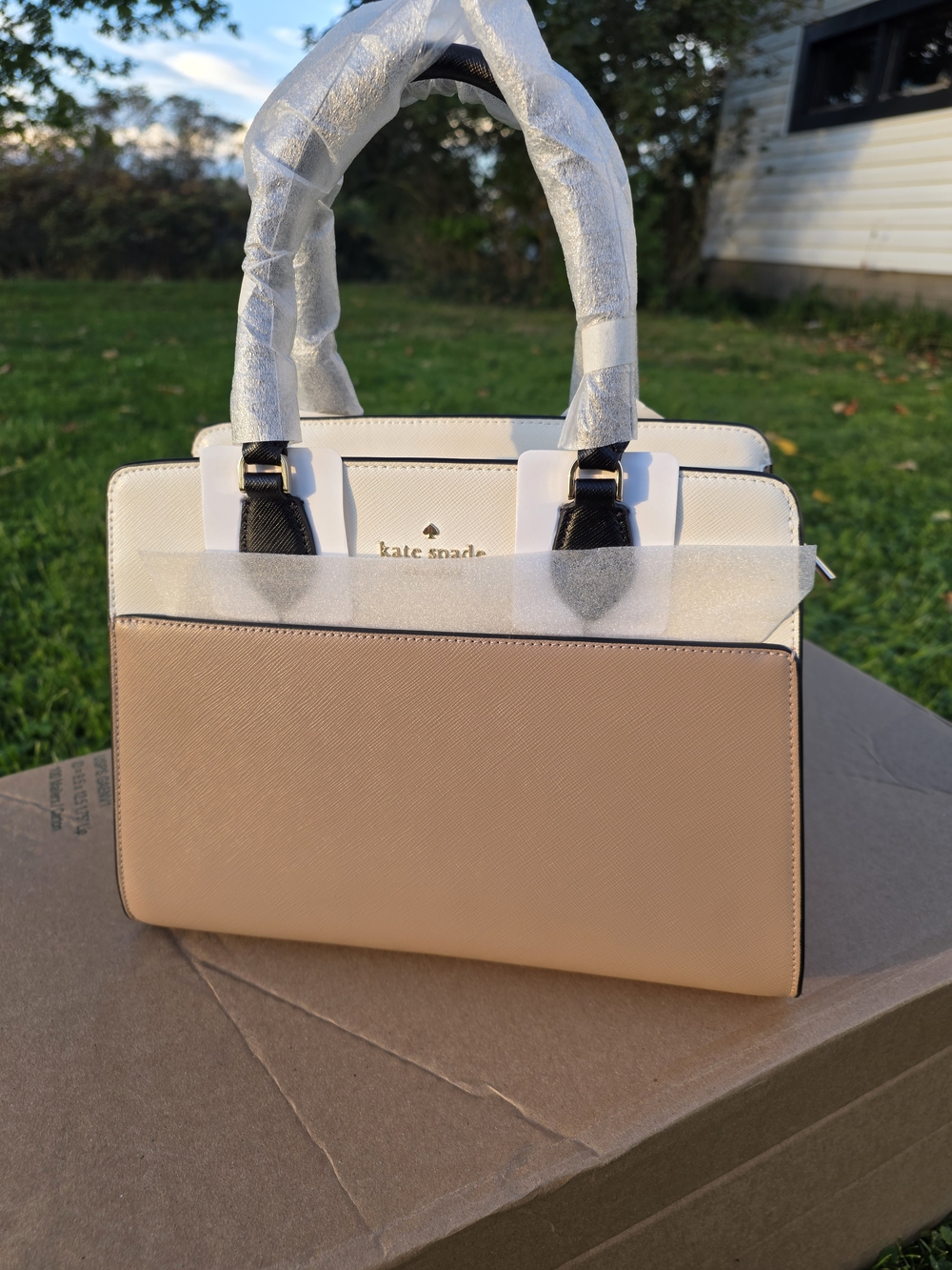 kate spade Two-Tone Cream and Blush Saffiano Satchel with Black Handles